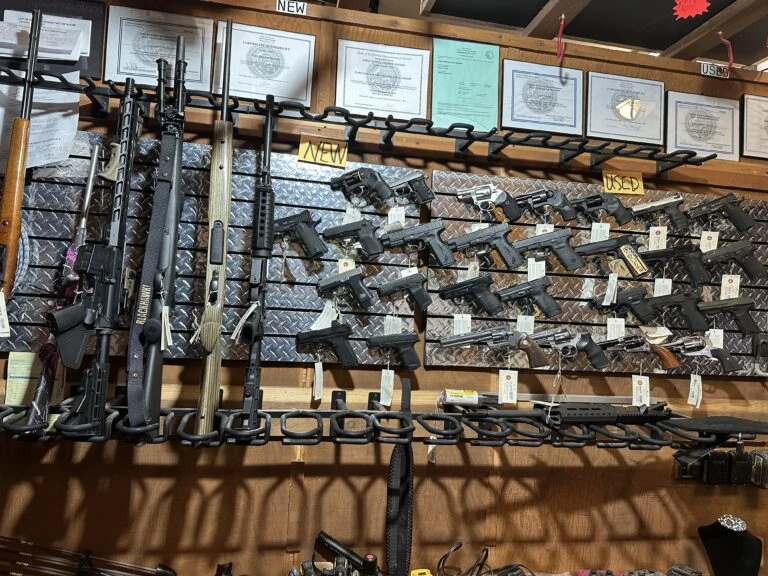 Firearms secured on a locked display wall beneath framed dealer licenses